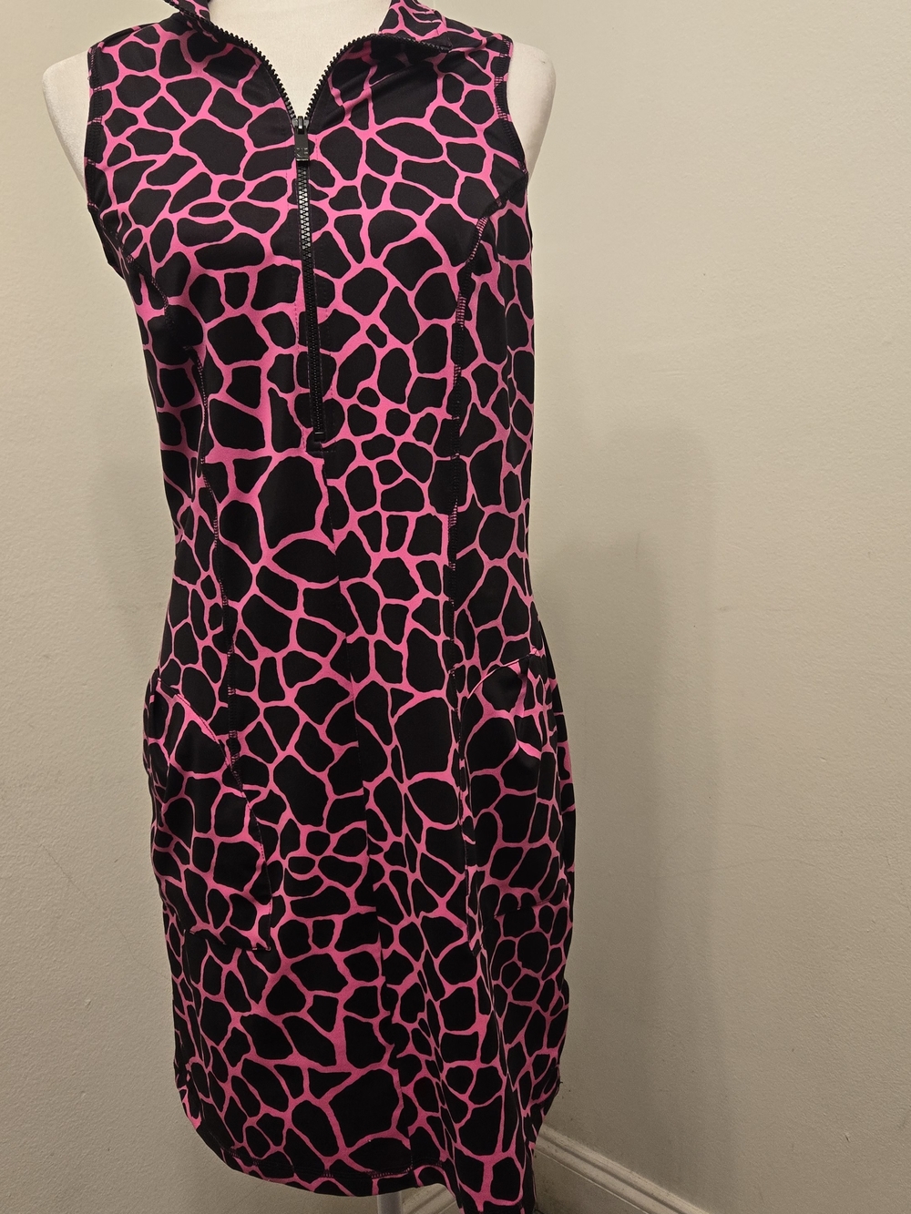 Sleeveless Pink & Black Zip-Up Mini Dress